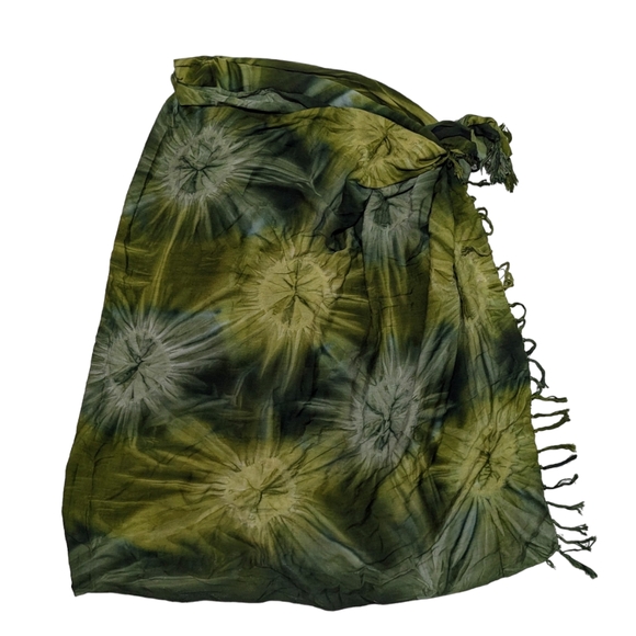 Women's OS Long Tropical Boho Green Tie Dye & Fringe Sarong Wrap/Neck Scarf - Picture 4 of 6